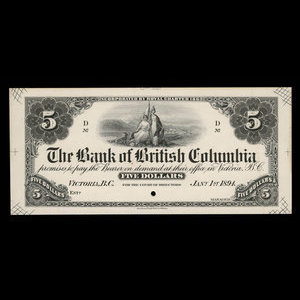 Canada, Bank of British Columbia, 5 dollars : January 1, 1894