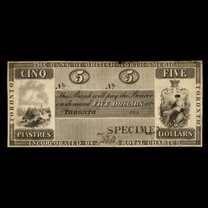 Canada, Bank of British North America, 5 dollars : 1849