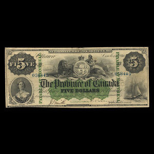 Canada, Province of Canada, 5 dollars : October 1, 1866