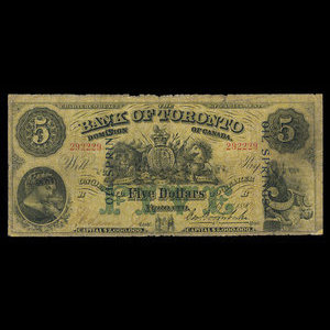 Canada, Bank of Toronto (The), 5 dollars : July 1, 1890