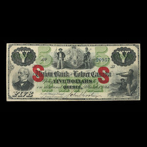 Canada, Union Bank of Lower Canada, 5 dollars : March 1, 1866