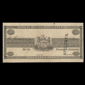 Canada, Bank of British North America, 7 pounds, 10 shillings : 1845