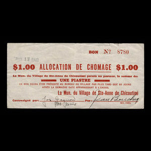 Canada, Village of Ste-Anne de Chicoutimi, 1 dollar : February 15, 1940