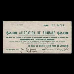 Canada, Village of Ste-Anne de Chicoutimi, 2 dollars : January 25, 1940