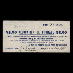 Canada, Village of Ste-Anne de Chicoutimi, 5 dollars : February 29, 1940