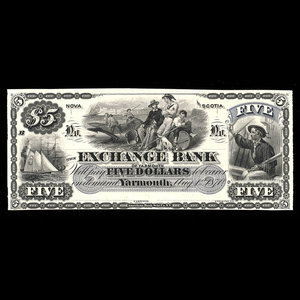 Canada, Exchange Bank of Yarmouth, 5 dollars : August 1, 1870