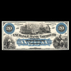 Canada, Exchange Bank of Yarmouth, 20 dollars : August 1, 1869