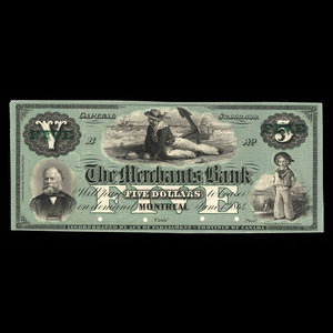 Canada, Merchants Bank (The), 5 dollars : June 1, 1864