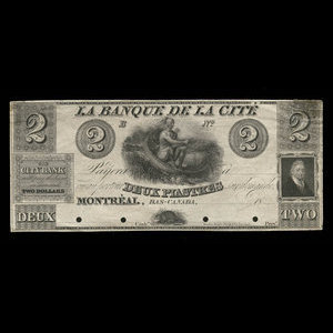 Canada, City Bank (Montreal), 2 dollars : 1850