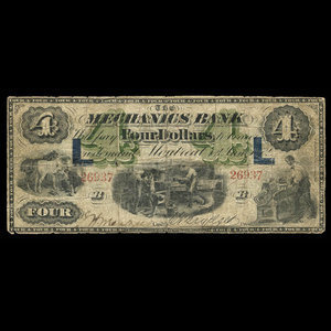 Canada, Mechanics Bank (Montreal), 4 dollars : June 1, 1872