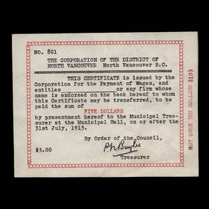 Canada, Corporation of the District of North Vancouver, 5 dollars : July 13, 1913