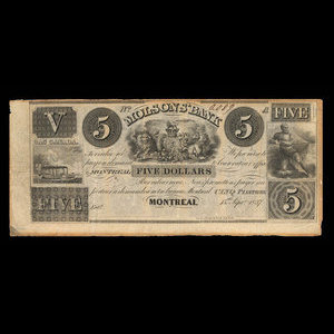 Canada, Molsons Bank, 5 dollars : September 15, 1837