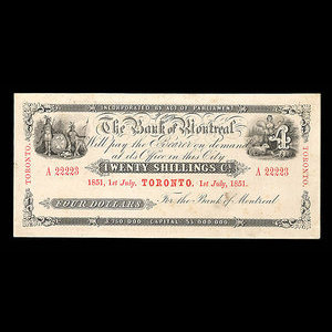 Canada, Bank of Montreal, 4 dollars : July 1, 1851