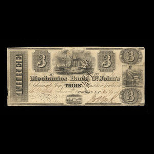 Canada, Mechanics Bank of St. John's, 3 piastres : November 29, 1837