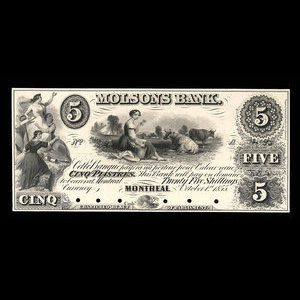Canada, Molsons Bank, 5 piastres : October 1, 1855