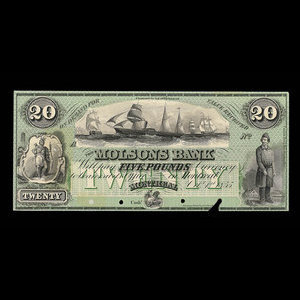 Canada, Molsons Bank, 20 dollars : October 1, 1855