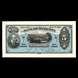 Canada, Bank of Hamilton, 5 dollars : December 1, 1887