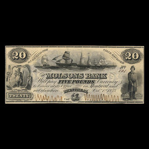 Canada, Molsons Bank, 20 dollars : October 1, 1853