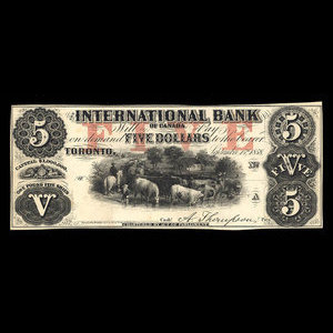 Canada, International Bank of Canada, 5 dollars : September 15, 1858