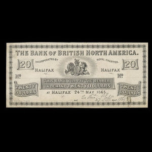 Canada, Bank of British North America, 20 dollars : May 24, 1865