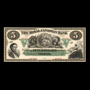Canada, Royal Canadian Bank, 5 dollars : 1865