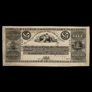 Canada, Bank of British North America, 5 dollars : January 1, 1848