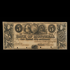 Canada, Bank of Montreal, 5 dollars : April 2, 1844