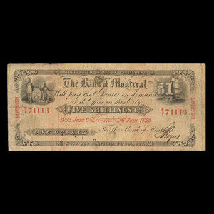Canada, Bank of Montreal, 1 dollar : June 6, 1852
