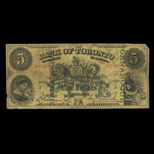 Canada, Bank of Toronto (The), 5 dollars : July 1, 1890