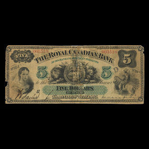 Canada, Royal Canadian Bank, 5 dollars : July 26, 1865