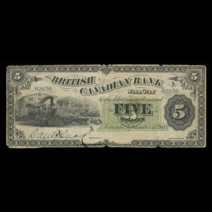 Canada, British Canadian Bank, 5 dollars : September 15, 1884