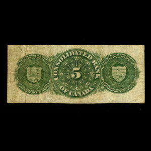 Canada, Consolidated Bank of Canada, 5 dollars : July 1, 1876