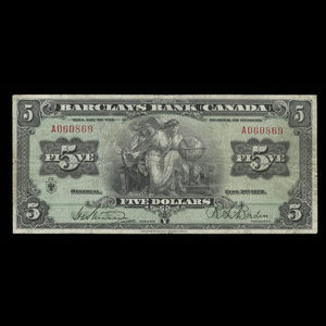 Canada, Barclays Bank, 5 dollars : September 3, 1929