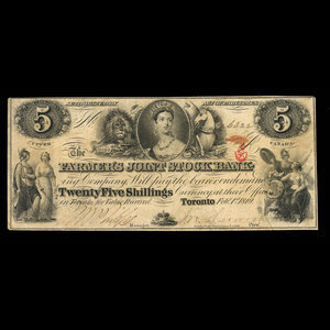 Canada, Farmer's Joint Stock Banking Co., 5 dollars : February 1, 1849