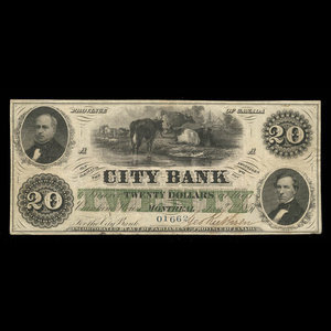 Canada, City Bank (Montreal), 20 dollars : January 1, 1857