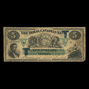 Canada, Royal Canadian Bank, 5 dollars : July 26, 1865