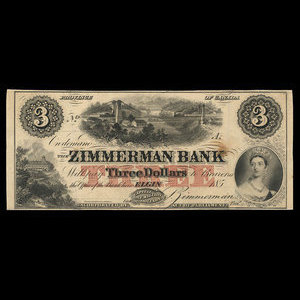 Canada, Zimmerman Bank, 3 dollars : December 1856