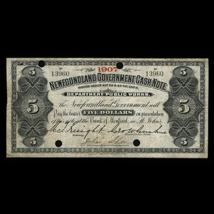 Canada, Newfoundland - Department of Public Works, 5 dollars : 1907