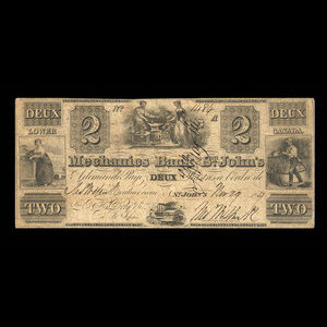 Canada, Mechanics Bank of St. John's, 2 piastres : November 29, 1837