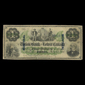 Canada, Union Bank of Lower Canada, 4 dollars : March 1, 1866