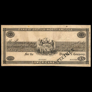 Canada, Bank of British North America, 9 dollars : 1838
