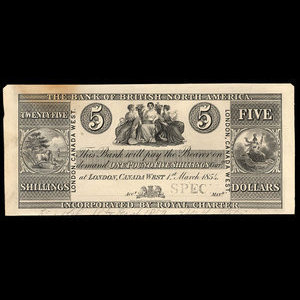 Canada, Bank of British North America, 5 dollars : March 1, 1854