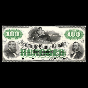 Canada, Exchange Bank of Canada, 100 dollars : January 2, 1873
