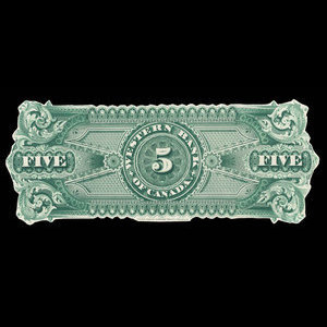 Canada, Western Bank of Canada, 5 dollars : October 2, 1882