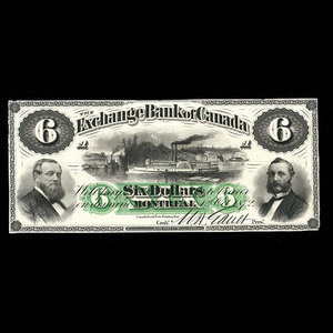 Canada, Exchange Bank of Canada, 6 dollars : October 1, 1872
