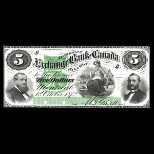 Canada, Exchange Bank of Canada, 5 dollars : October 1, 1872