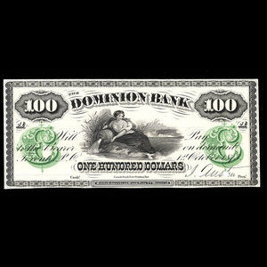 Canada, Dominion Bank, 100 dollars : October 1, 1873