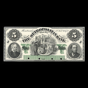 Canada, Metropolitan Bank, 5 dollars : February 1, 1872