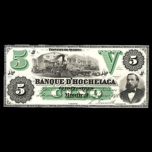 Canada, Banque d'Hochelaga, 5 piastres : January 2, 1874