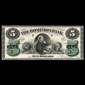 Canada, Dominion Bank, 5 dollars : February 1, 1871